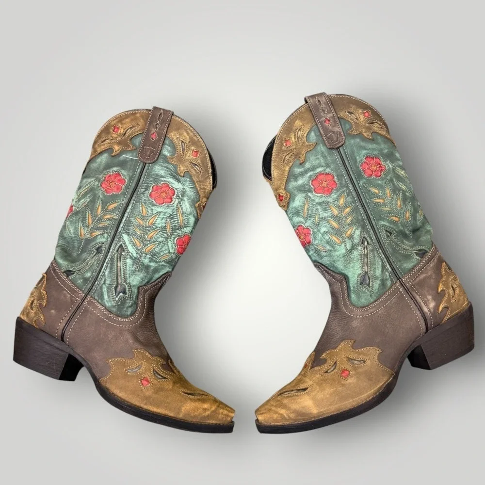Laredo Miss Kate Floral Inlay Snip Toe Cowgirl Boots 52138 Size 7M Teal